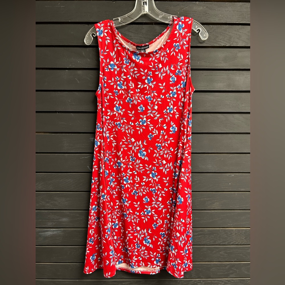 Nina Leonard Red Dress with Blue Floral Design